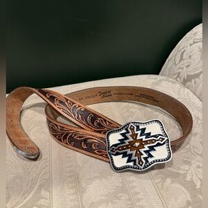 Tony Lama leather belt with Aztec buckle